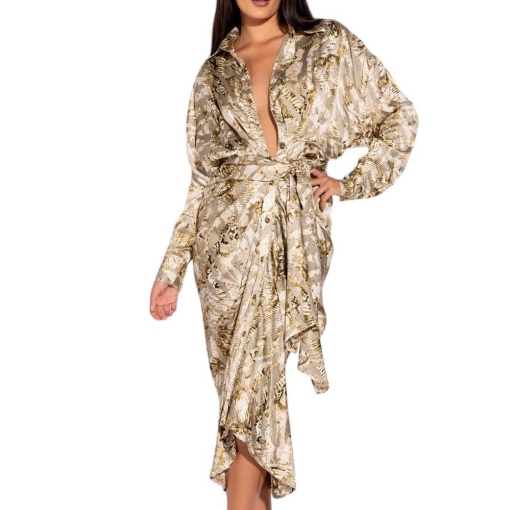 Akira SO WORTH IT BUTTON UP MIDI DRESS Tan Green Multi Silky Sexy Size Medium